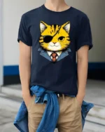 Boss Cat Eyepatch Cool Cartoon Animal Graphic T Shirt - model wearing navy tee with hands in pockets