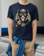 King Lion Streetwear Urban Style Cool Graphic T Shirt - model wearing navy tee with hands in pockets