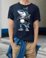 Hip Hop Shark With Chains Street Style Graphic Tee - model wearing navy tee with hands in pockets