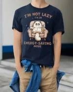 Im Not Lazy Im In Energy Saving Mode Funny Cat T Shirt - model wearing navy tee with hands in pockets