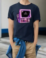 Retro Computer Error Message Vaporwave Aesthetic T Shirt - model wearing navy tee with hands in pockets