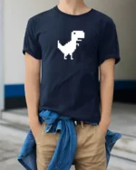 Pixel Dinosaur Offline Chrome Dino Funny Retro Gaming T Shirt - model wearing navy tee with hands in pockets