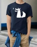 Funny Angry Dog Cartoon Minimalist Graphic Humor T Shirt - model wearing navy tee with hands in pockets