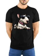 Cool Bull Terrier Dog With Sunglasses Funny Graphic T Shirt - model wearing black tee with hands behind back