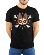 Cute Skull Cat Crossbones Gothic Cartoon Graphic T Shirt - model wearing black tee with hands behind back