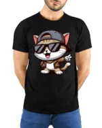 Stylish Hip Hop Cat With Shades Cute Cartoon T Shirt - model wearing black tee with hands behind back