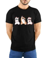 Funny Dancing Cats With Sunglasses Cute Cartoon T Shirt - model wearing black tee with hands behind back