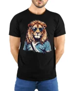 Cool Lion With Sunglasses Stylish Animal Graphic T Shirt - model wearing black tee with hands behind back