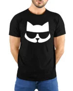 Stylish Cat Sunglasses Minimal Graphic Cool Cat T Shirt - model wearing black tee with hands behind back