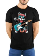 Rock Star Cat Playing Guitar Cool Cartoon Graphic T Shirt - model wearing black tee with hands behind back