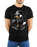 Hip Hop Duck Basketball Player Urban Style Graphic Tee - model wearing black tee with hands behind back