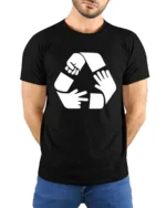 Funny Rock Paper Scissors Recycle Symbol Humor T Shirt - model wearing black tee with hands behind back
