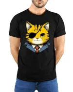 Boss Cat Eyepatch Cool Cartoon Animal Graphic T Shirt - model wearing black tee with hands behind back
