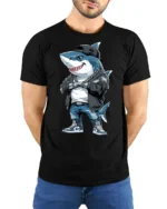 Hip Hop Shark With Chains Street Style Graphic Tee - model wearing black tee with hands behind back