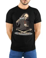 Funny Grim Reaper Drinking Coffee Dark Humor T Shirt - model wearing black tee with hands behind back