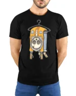 Quirky Skeleton In Hoodie On Hanger Funny Graphic Tee - model wearing black tee with hands behind back