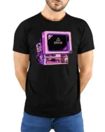 Retro Computer Error Message Vaporwave Aesthetic T Shirt - model wearing black tee with hands behind back