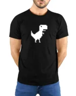 Pixel Dinosaur Offline Chrome Dino Funny Retro Gaming T Shirt - model wearing black tee with hands behind back