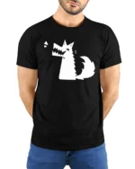Funny Angry Dog Cartoon Minimalist Graphic Humor T Shirt - model wearing black tee with hands behind back