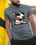 Cool Bull Terrier Dog With Sunglasses Funny Graphic T Shirt - model wearing grey tee, leaning on column
