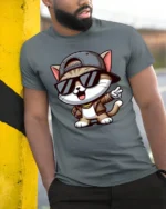 Stylish Hip Hop Cat With Shades Cute Cartoon T Shirt - model wearing grey tee, leaning on column