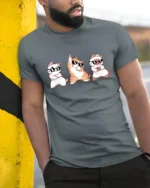 Funny Dancing Cats With Sunglasses Cute Cartoon T Shirt - model wearing grey tee, leaning on column