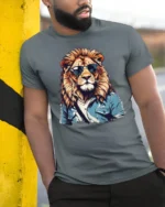 Cool Lion With Sunglasses Stylish Animal Graphic T Shirt - model wearing grey tee, leaning on column