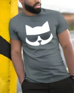 Stylish Cat Sunglasses Minimal Graphic Cool Cat T Shirt - model wearing grey tee, leaning on column