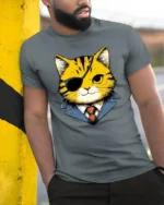 Boss Cat Eyepatch Cool Cartoon Animal Graphic T Shirt - model wearing grey tee, leaning on column
