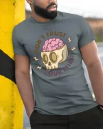 Dont Trust Your Mind Funny Skull Brain Graphic T Shirt - model wearing grey tee, leaning on column