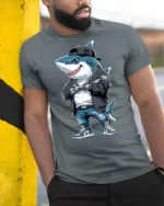 Hip Hop Shark With Chains Street Style Graphic Tee - model wearing grey tee, leaning on column