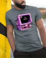 Retro Computer Error Message Vaporwave Aesthetic T Shirt - model wearing grey tee, leaning on column
