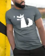 Funny Angry Dog Cartoon Minimalist Graphic Humor T Shirt - model wearing grey tee, leaning on column