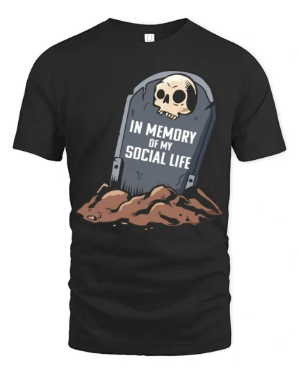 In Memory Of My Social Life Funny Tombstone Graphic T Shirt - black t-shirt on white background
