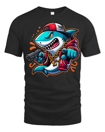 Cool Rapper Shark With Chain Urban Swag Graphic Tee Shirt - black t-shirt on white background