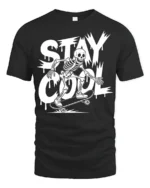 Stay Cool Skeleton Skateboard Funny Street Style Graphic T Shirt - black t-shirt on white background