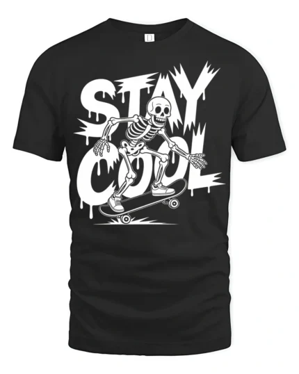 Stay Cool Skeleton Skateboard Funny Street Style Graphic T Shirt - black t-shirt on white background