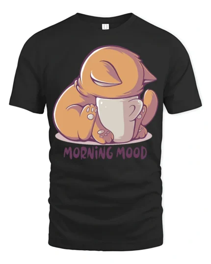 Cute Sleepy Cat Morning Mood Coffee Lover Funny T Shirt - black t-shirt on white background