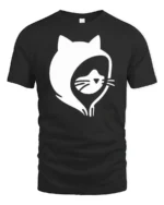 Simple Cat Face Hoodie Outline Cool Minimal Graphic Tee - black t-shirt on white background