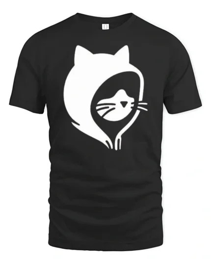 Simple Cat Face Hoodie Outline Cool Minimal Graphic Tee - black t-shirt on white background