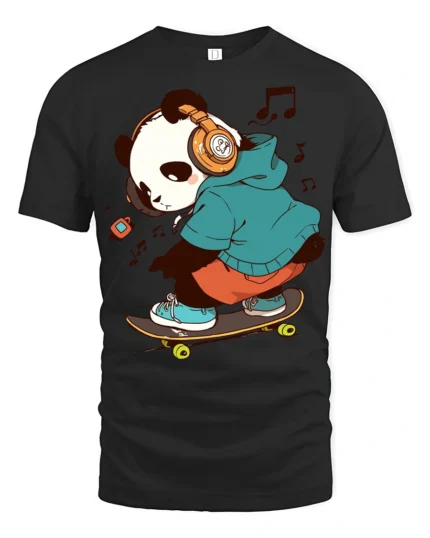 Cool Panda Skateboard Headphones Music Lover Graphic T Shirt - black t-shirt on white background