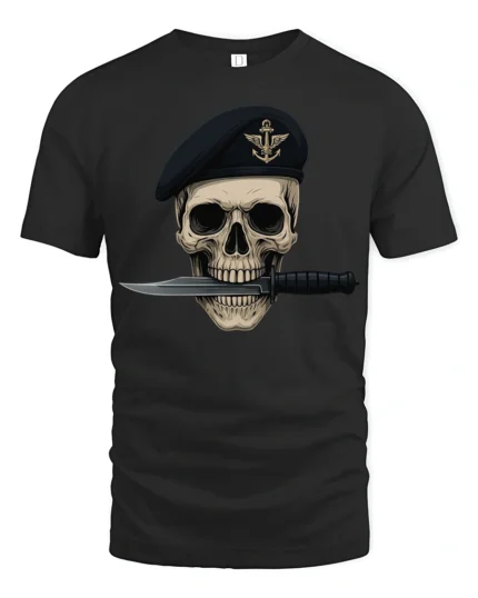 Skull Soldier Beret Knife Tactical Military Graphic T Shirt - black t-shirt on white background