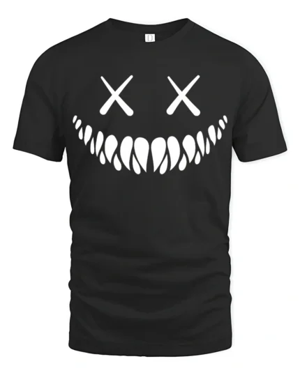 Creepy Smile Skull Face X Eyes Minimalist Graphic T Shirt - black t-shirt on white background