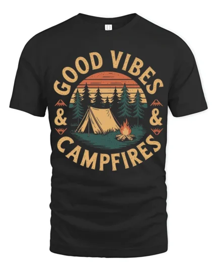 Good Vibes And Campfires Vintage Camping Graphic T Shirt - black t-shirt on white background