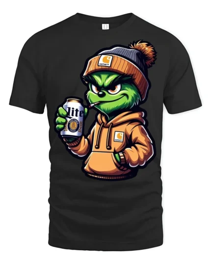 Cool Grinch Style Monster Drinking Beer Funny T Shirt - black t-shirt on white background