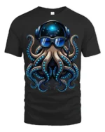 Cool DJ Octopus With Headphones Sunglasses Graphic T Shirt - black t-shirt on white background
