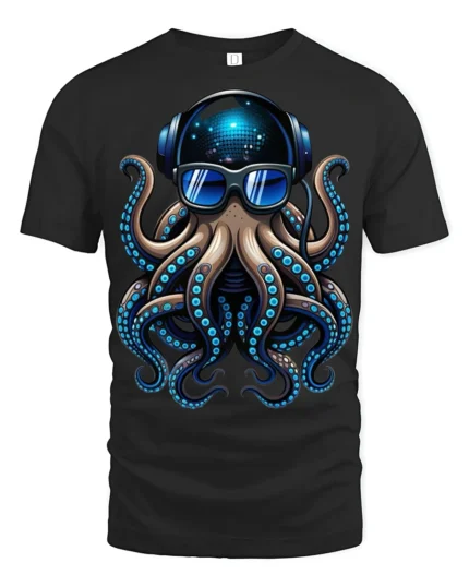 Cool DJ Octopus With Headphones Sunglasses Graphic T Shirt - black t-shirt on white background