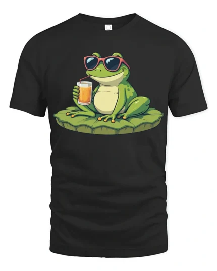Cute Cool Frog Sunglasses Drink Summer Fun Graphic T Shirt - black t-shirt on white background