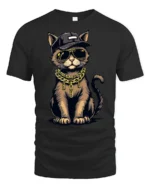 Cool Gangster Cat Gold Chain Hip Hop Style Graphic T Shirt - black t-shirt on white background