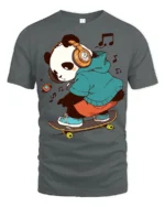 Cool Panda Skateboard Headphones Music Lover Graphic T Shirt - gray t-shirt on white background